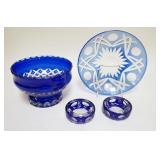 1076	4 PIECES BLUE CUT TO CLEAR, DEEP BOWL IS 7 7/8 DIAMETER X 5 3/8 IN HIGH, LOW BOWL IS 9 3/4 IN &