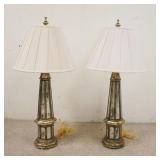 1077	PAIR OF MIRRORED & PAINTED LAMPS, HAVE PLEATED CLOTH SHADES & ORIGINAL FINIALS, 36 IN HIGH
