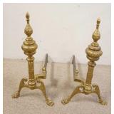 1084	PAIR OF QUALITY CLAW FOOT BRASS ANDIRONS, ORNATE EMOBSSED PATTERN, 23 1/2 IN HIGH X APPROXIMATE