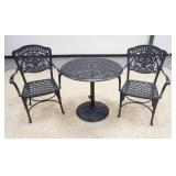 1086	3 PIECE CAST METAL PATIO SET, 2 ARM CHAIRS & 30 IN ROUND TABLE THAT CAN HOLD AN UMBRELLA