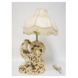 1090	ITALIAN ROOSTER LAMP, DECORATED IN GOLD & BLACK W/DIFFERENT COLOR FLOWERS, HAS A BROCADE CLOTH 