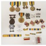 1092	LOT OF MILITARY MEDALS, ETC, SOME ARE WWI ERA, 4 ARE STERLING SILVER, ONE DATED 1909 IS HAND IN