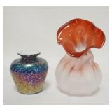 1094	2 PIECES STUDIOS ART GLASS, SATIN FINISH JACK -IN-THE PULPIT, 7 3/4 IN HIGH & IRRIDESCENT LUSTE