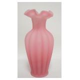 1095	TALL PINK SATIN GLASS RIBBED VASE W/RUFFLED TOP, 11 IN HIGH