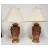 1098	PAIR OF HAND PAINTED TABLE LAMPS, CLOTH SHADES, 30 IN HIGH