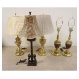 1099	GROUP OF 5 TABLE LAMPS, 4 ARE BRASS, ONE FEATURES LIONS CLAWING A TREE, TALLEST IS 31 IN