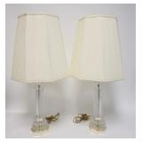 1100	PAIR OF CLEAR GLASS TABLE COLUMN LAMPS, PLEATED CLOTH SHADES, 30 1/2 IN HIGH
