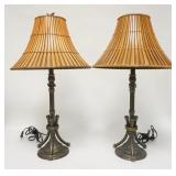 1101	PAIR OF METAL TBLE LAMPS, BAMBOO STYLE W/ORIGINAL SHADES & FINIALS, 29 1/2 IN HIGH