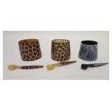 1111	3 ETHNIC DECORATED SAUCE CUPS W/SPOONS, 2 1/4 IN TO 2 1/2 IN HIGH