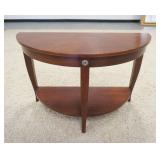 1122	ETHAN ALLEN DEMILUNE TABLE *MEDALLION* LINE, DECORATED W/BRASS ROSETTES, 40 IN WIDE X 17 IN DEE