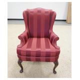 1125	SHERRILL WING CHAIR, SHELL CARVED KNEES, BURGANDY STRIPED UPHOLSTERY, HAS WEAR ON THE PIPING ON