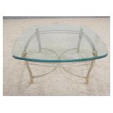 1126	BRASS, CHROME & GLASS COFFEE TABLE, HAS BRASS RAMS HEAD TOP SUPPORTS & HOOF FEET, GLASS IS BEVE