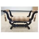 1134	CARVED UPHOLSTERED WINDOW BENCH, HAS FRINGE & TASSELS, PAINTED BLACK, 45 IN X 14 1/4 IN X 30 1/