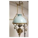1142	ORNATE SOLID BRASS VICTORIAN HANGING LAMP, HAS CASED LIGHT BLUE SHADE, APPROXIMATELY 39 IN HIGH