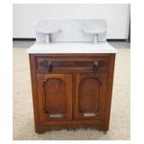 1148	WALNUT VICTORIAN MARBLE TOP WASHSTAND, HAS TEAR DROP PULLS & BURL DRAWER FRONT, 28 1/2 IN WIDE 