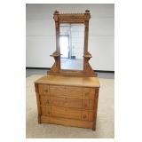 1149	OAK VICTORIAN DRESSER W/MIRROR, HAS LAMP STANDS, 3 DRAWERS W/BRASS RING PULLS, 39 1/2 IN WIDE X
