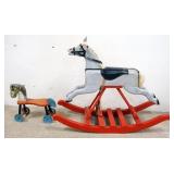 1152	2 PIECE WOODEN ROCKING HORSE & RIDE ON HORSE W/BELLS IN THE WHEELS, MARKED MADE IN USA, ROCKING