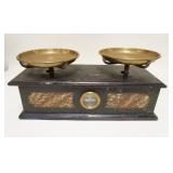 1175	VICTORIAN MARBLE BALANCE SCALE W/ORIGINAL BRASS PANS, 19 3/4 IN X 8 1/4 IN X 9 IN HIGH