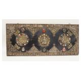1176	ASIAN BUDDHIST PLAQUE W/MIXED METAL & JEWELS ON WOOD, 24 1/4 IN X 10 3/4 IN