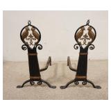 1178	WROUGHT IRON & BRASS ANDIRONS W/COPPER BAND DECORATION, BRASS MEDALLION HAS  BIRDS & A FLOWER, 