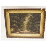 1179	OIL ON ARTIST BOARD, TREE LINED PATH IN A GILT VICTORIAN FRAME W/SOME LOSSES, 21 3/4 IN X 16 1/