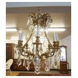 1184	BRONZE HANGING CHANDELIER W/ PRISMS, APPROXIMATELY 30 IN HIGH X 20 IN WIDE