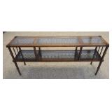 1188	WALNUT 2 TIER SHELF NARROW CANE INSET W/ GLASS TOPS MADE BY FLAIR FUNRITURE. 60 IN X 10 IN, 27 