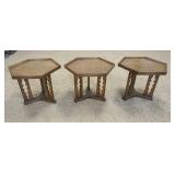 1191	3 DREXEL *ESPANTO* HEXAGONAL SMALL TABLES 23 IN POINT TO POINT, 18 IN H 