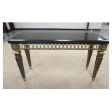 1203	STONE TOP BRASS TRIM CONSOLE TABLE, SKIRT IS INTERLOCKING BRASS RINGS, 55 1/2 IN X 19 1/2 IN X 