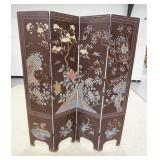 1204	4 PART FOLDING SCREEN DECORATED BOTH SIDES, HAS REPAIRS ON THE HINGES & SOME LOSSES TO THE DECO