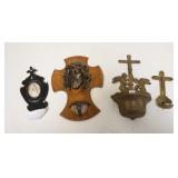1217	LOT OF RELIGIOUS ITEMS, HOLY WATER FONTS, BRASS & WOOD PIECES, LARGEST IS 11 3/4 IN