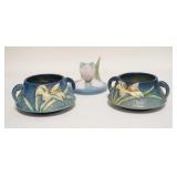 1241	3 PIECES OF ROSEVILLE, 2 ZEPHYR LILY BLUE SUGAR BOWLS & AN IRIS CANDLESTICK, TALLEST IS 3 IN