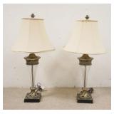 1261	PAIR OF GLASS & METAL TABLE LAMPS, LEAF DESIGN, CLOTH SHADES & ORIGINAL FINIALS, 34 IN HIGH