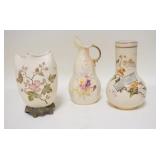 1264	3 PIECE HAND PAINTED CHINA EWER & 2 VASES, EWER HAS A SHELL FORM SPOUT, TWIG FOOTED VASE IS MAR
