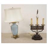 1265	2 TABLE LAMPS, ONE BLUE CERAMIC, TALLEST IS 33 IN