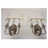 1267	PAIR OF 2 LIGHT WALL SCONCES, CLOTH SHADES, MATCH  ITEM 1266