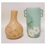 1271	2 PIECE WELLER POTTERY, DOGWOOD VASE & HAND PAINTED WATER BOTTLE, TALLEST IS 10 1/2 IN