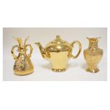 1286	3 PIECE GOLD DECORATED TEAPOT & 2 VASES, HOLLY ROSE, TEAPOT MADE IN OHIO, TALLEST IS 6 3/4 IN