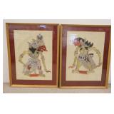 1303	2 LARGE ASIAN JOINTED FIGURES MOUNTED IN FRAMES, HAND PAINTED, 29 5/8 IN X 38 5/8 IN HIGH INCLU