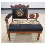 1307	WALNUT VICTORIAN BUSTLE CHAIR, UPHOLSTERED SEAT, BACK & ARMS, 33 IN WIDE X 22 IN DEEP X 34 IN H