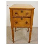 1002	ANTIQUE 2 DRAWER STAND W/TIGER & BIRDSEYE MAPLE FRONT & SIDE PANELS, TURNED LEGS, 16 1/2 IN WID
