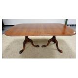 1019	BANDED MAHOGANY DOUBLE PEDESTAL DINING TABLE W/ BALL & CLAW FEET. HAS TWO 18 3/4 IN LEAVES. 76 