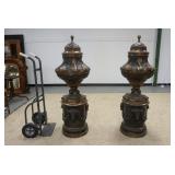 1036	PAIR OF LARGE BRONZE LIDDED FLOOR URNS, ONE HAS DAMAGE TO THE BASE, RAMS HEADS & SWAGS AROUND T