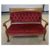 1048	CLAW FOOT TIGER OAK SETTEE TUFTED BACK, 51 3/4 IN W, 29 IN DEEP, 40 1/2 IN H 