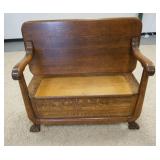 1051	OAK LIFT SEAT HALL BENCH CLAW FEET. 47 IN W, 20 IN DEEP, 41 IN H 