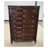 1057	KARGES 7 DRAWER HIGH CHEST FLUTED 3/4 COLUMNS & TURNED FEET, HAS A FITTED GLASS PROTECTIVE TOP 