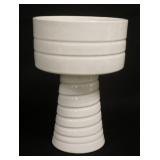 1078	WHITE JAPANESE ART POTTERY COMPOTE W/ HORIZONTAL RIBBING, 8 1/2 IN H, 6 IN TOP DIAMETER 