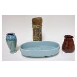 1084	4 PIECES OF ART POTTERY, OVAL PLANTER IS MARKED 10-150, BLUE GLAZE VASE IS SIGNED PARTIALLY OBS