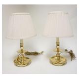 1085	PAIR OF BALDWIN BRASS CANDLESTICK LAMPS W/ PLEATED SHADES. 17 1/4 IN H