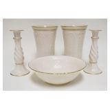 1092	5 PIECES OF GOLD TRIMMED LENOX, PAIR OF 9 IN VASES, PAIR OF 8 1/4 IN CANDLESTICKS & A 9 3/8 IN 